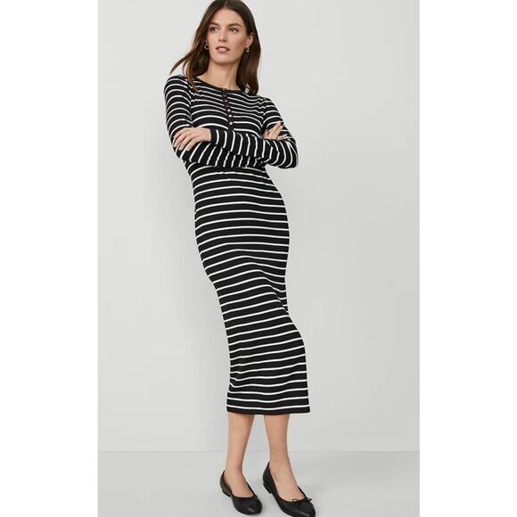 Ann Taylor Weekend Black White Striped Henley Long Sleeve Maxi Column Dress NWT
